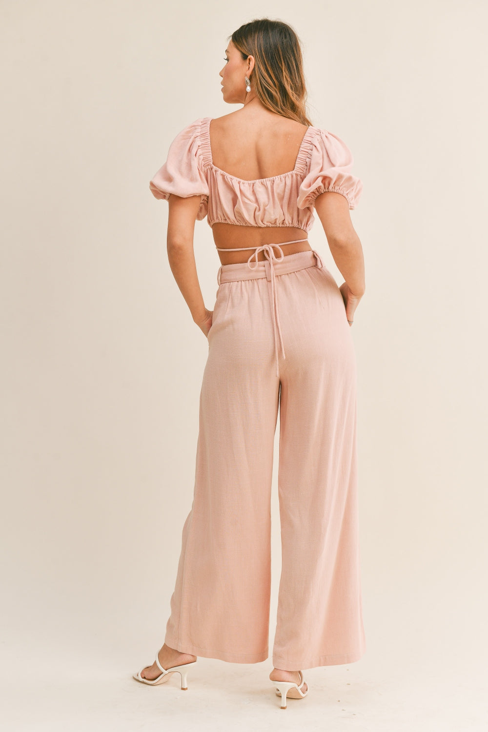 Mable Cut Out Drawstring Crop Top and Belted Pants Set