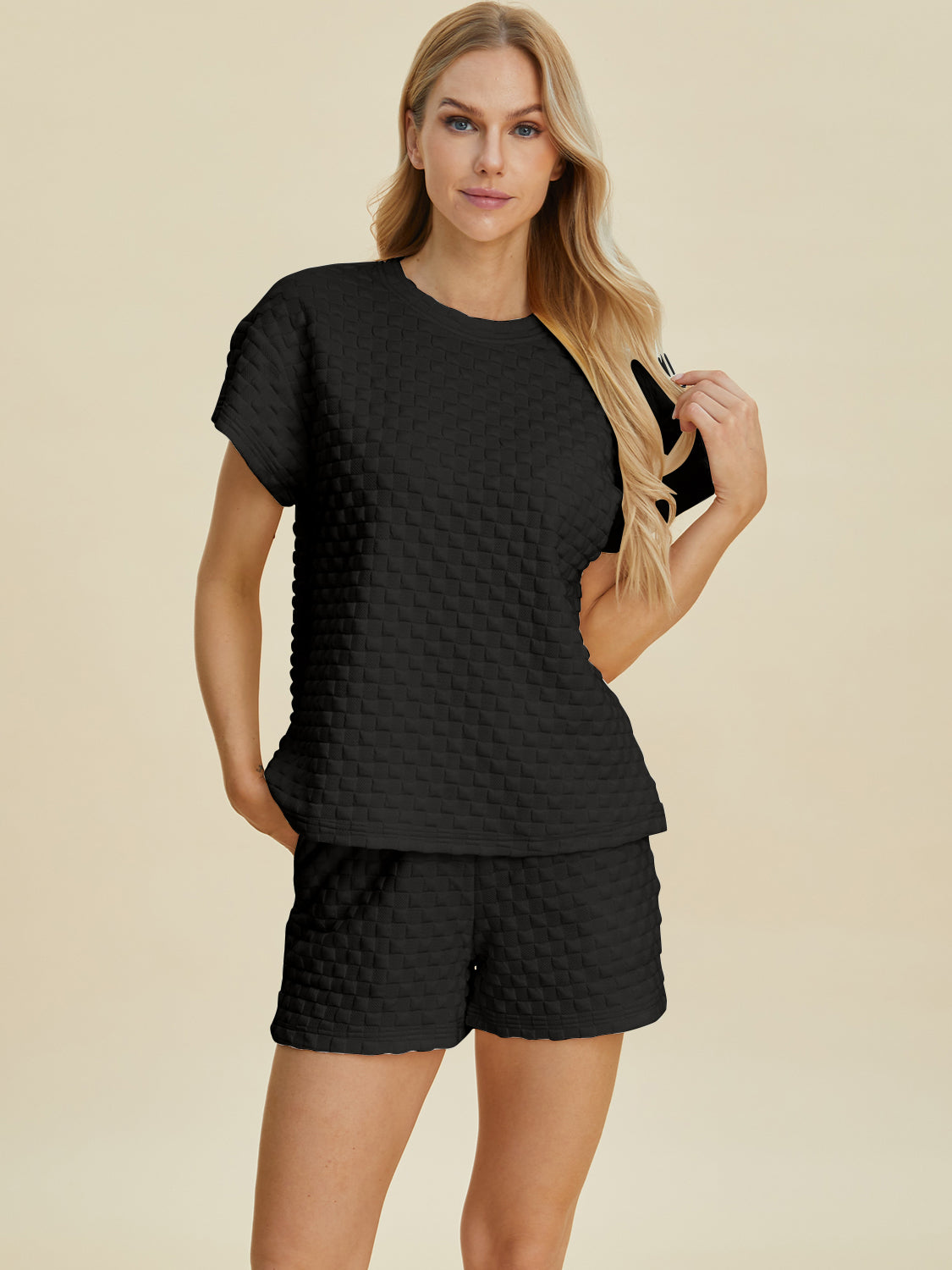 Double Take Texture T-Shirt and Shorts Set