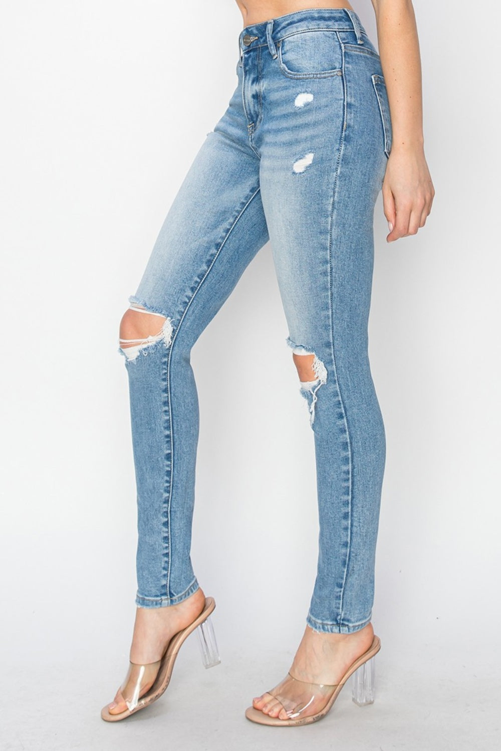 Risen High Rise Knee Distressed Skinny Jeans