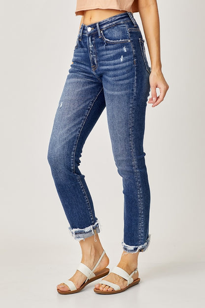 Risen High-Rise Frayed Cuffed Straight Jeans