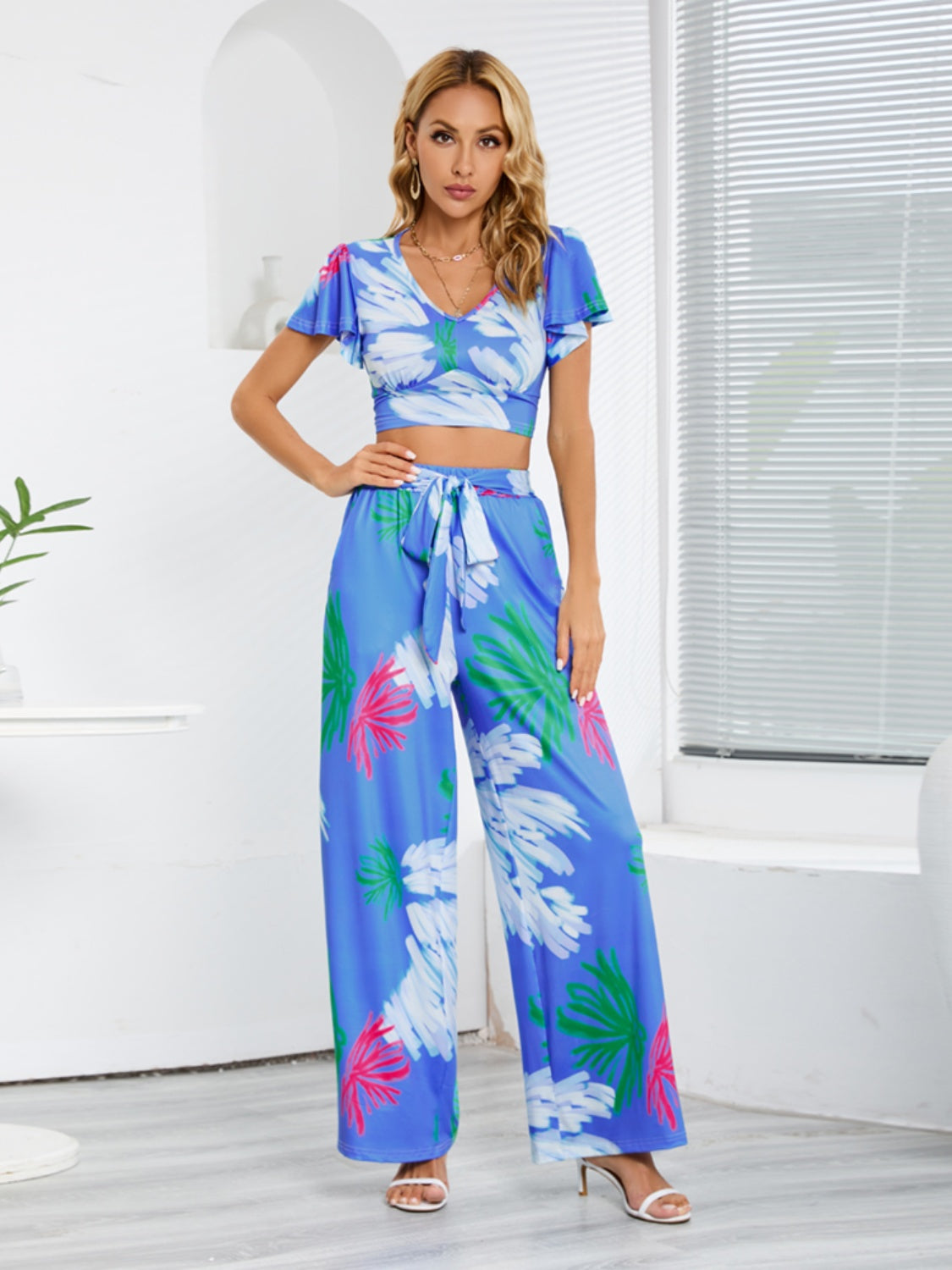 Printed V-Neck Top and Tied Pants Set