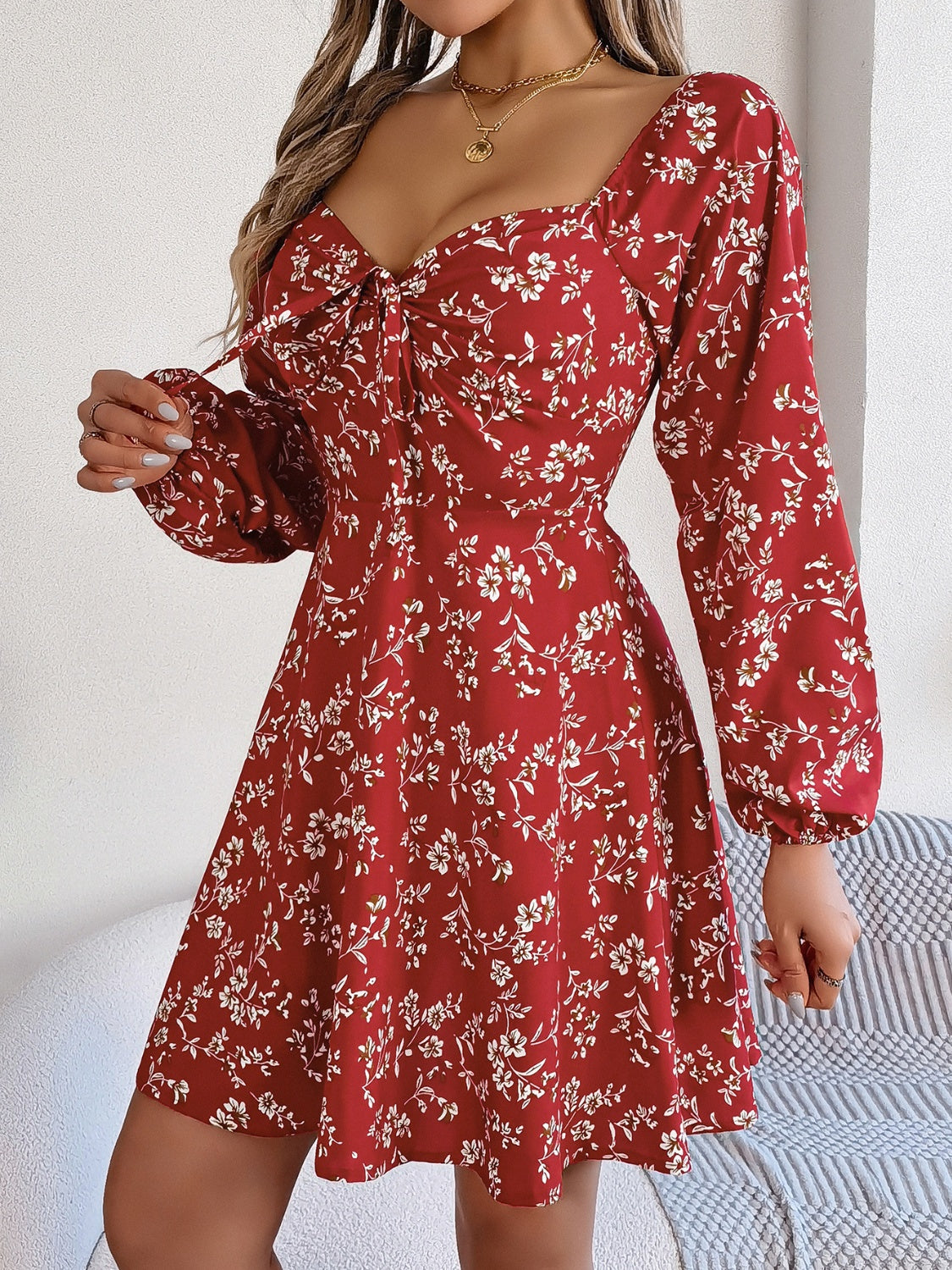 Printed Sweetheart Neck Balloon Sleeve Mini Dress