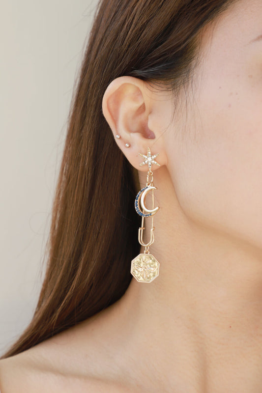 5-Pair Inlaid Rhinestone Moon and Star Drop Earrings