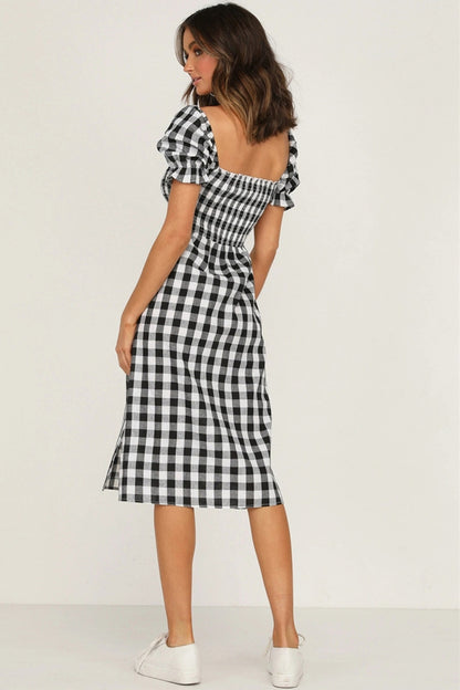 Slit Plaid Short Sleeve Midi Dress