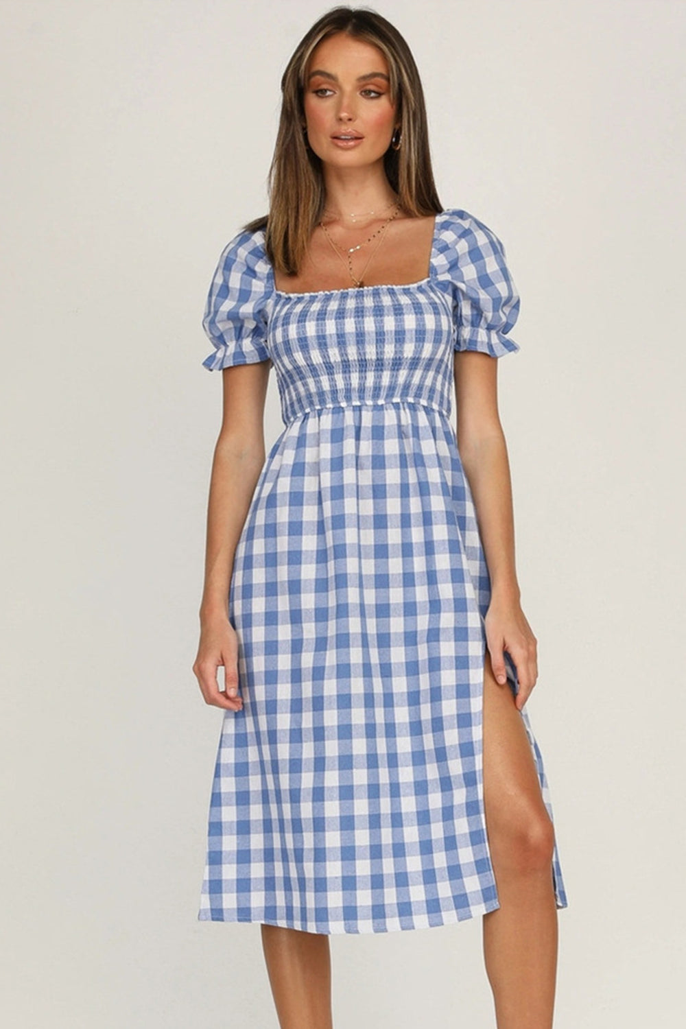 Slit Plaid Short Sleeve Midi Dress