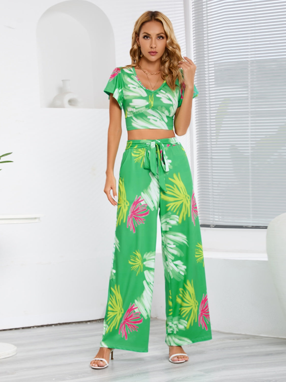 Printed V-Neck Top and Tied Pants Set