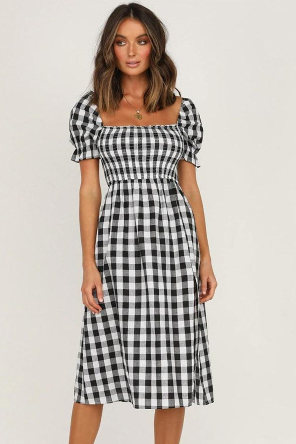 Slit Plaid Short Sleeve Midi Dress