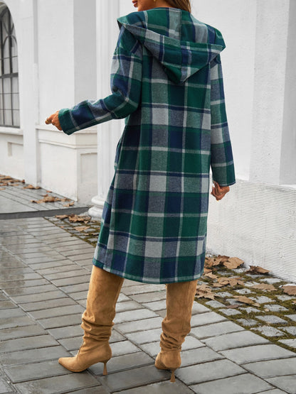 Never Too Late Plaid Long Sleeve Hooded Coat