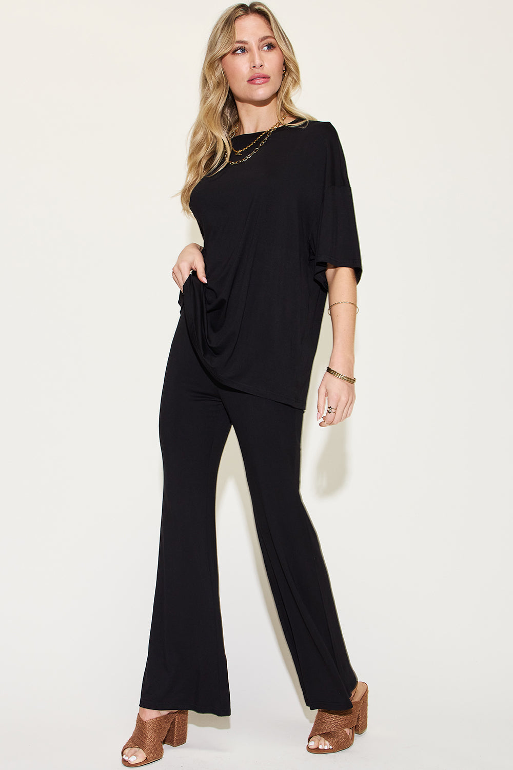 Basic Bae Bamboo Drop Shoulder T-Shirt and Flare Pants Set