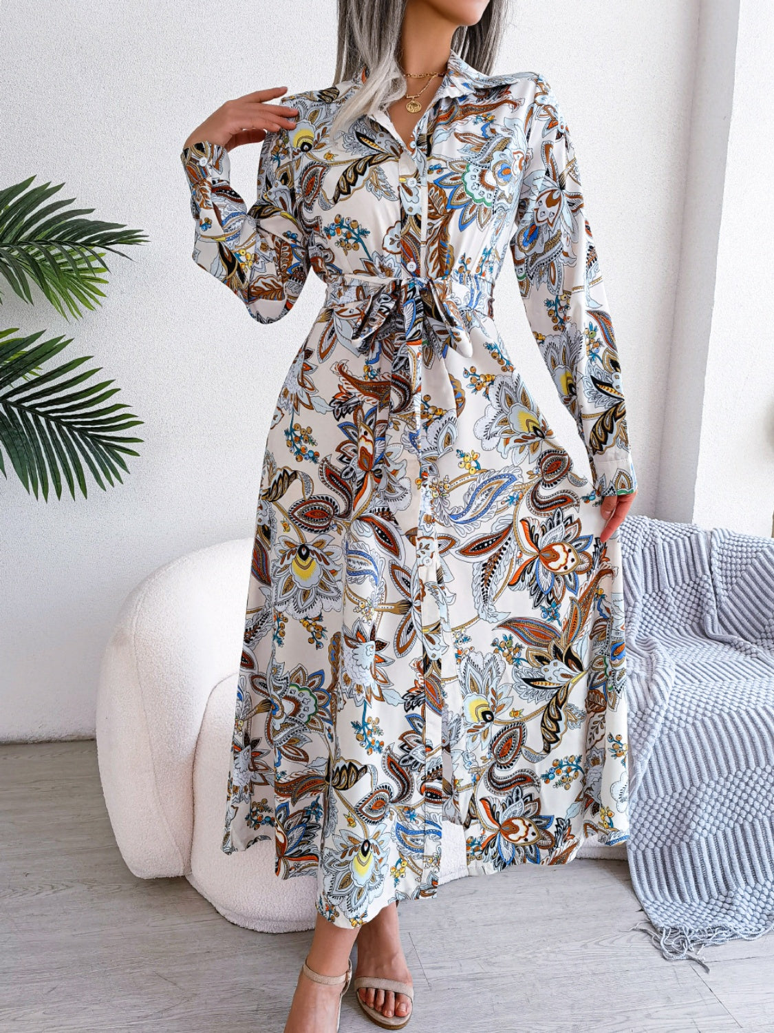 Tied Printed Long Sleeve Midi Dress