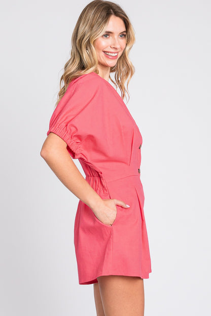 GeeGee Half Button V-Neck Linen Romper