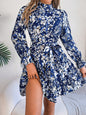 Printed Mock Neck Flounce Sleeve Mini Dress