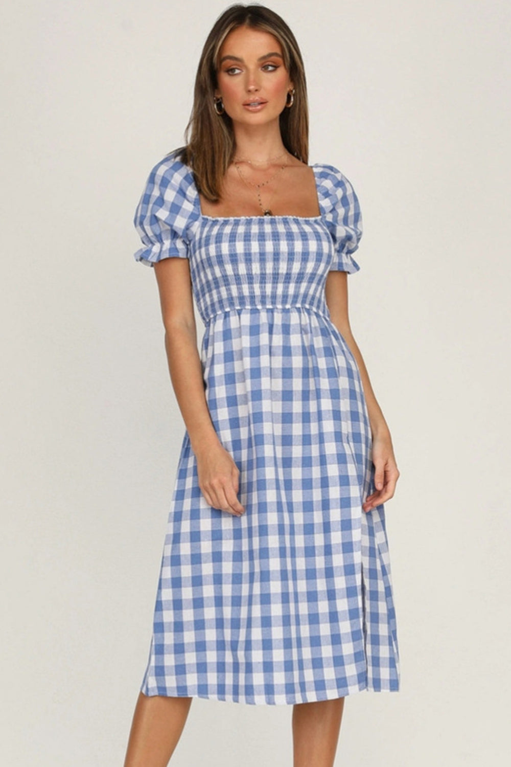 Slit Plaid Short Sleeve Midi Dress