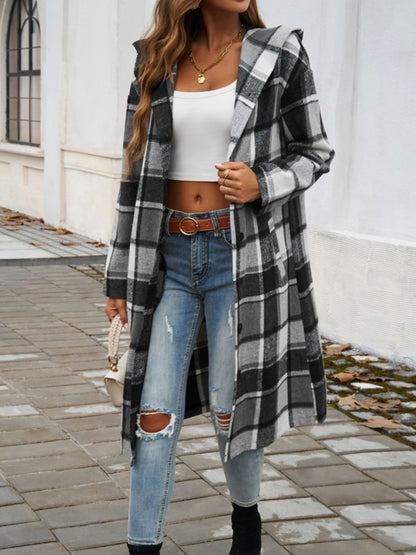 Never Too Late Plaid Long Sleeve Hooded Coat