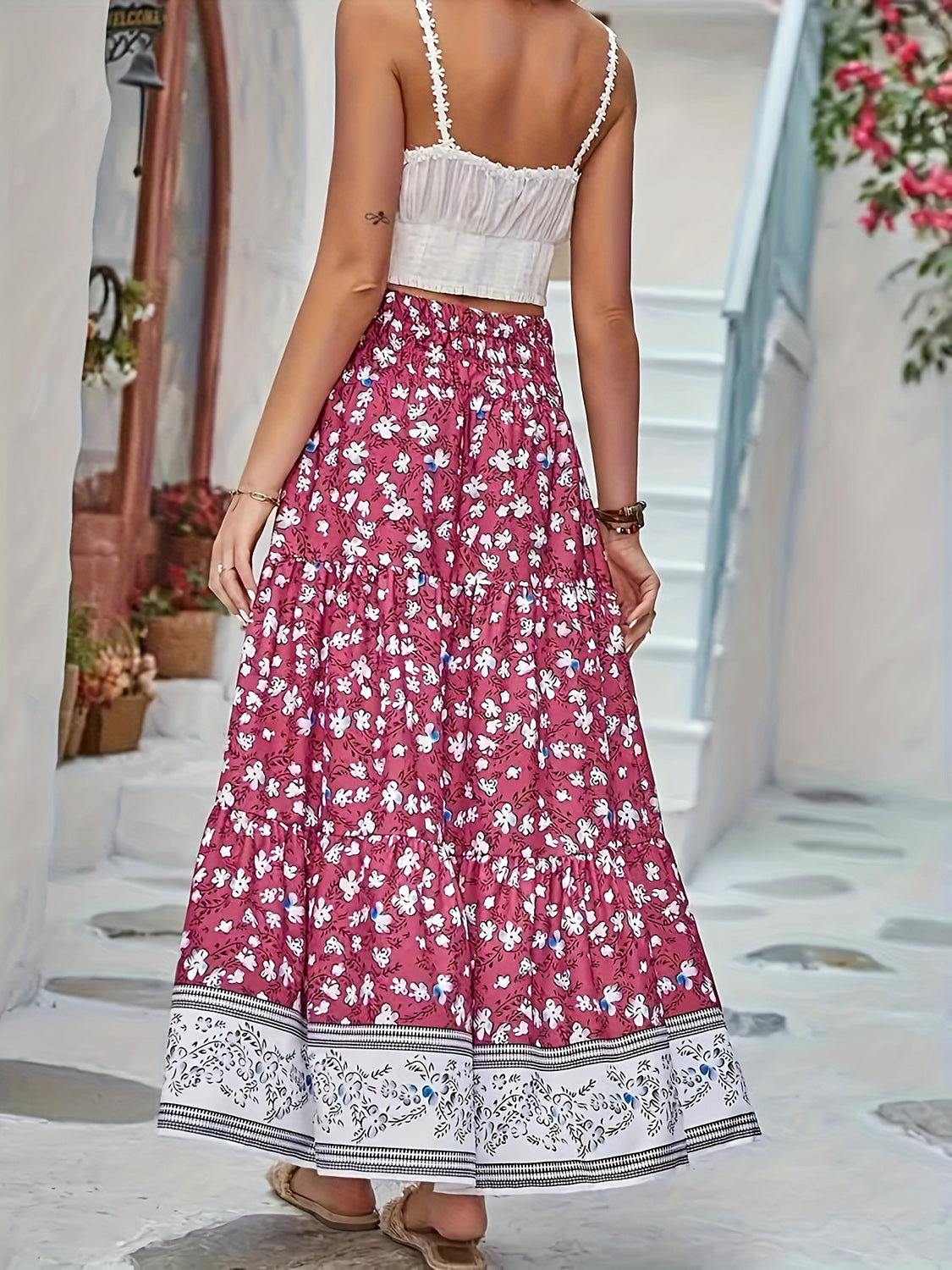 Tiered Printed Elastic Waist Skirt