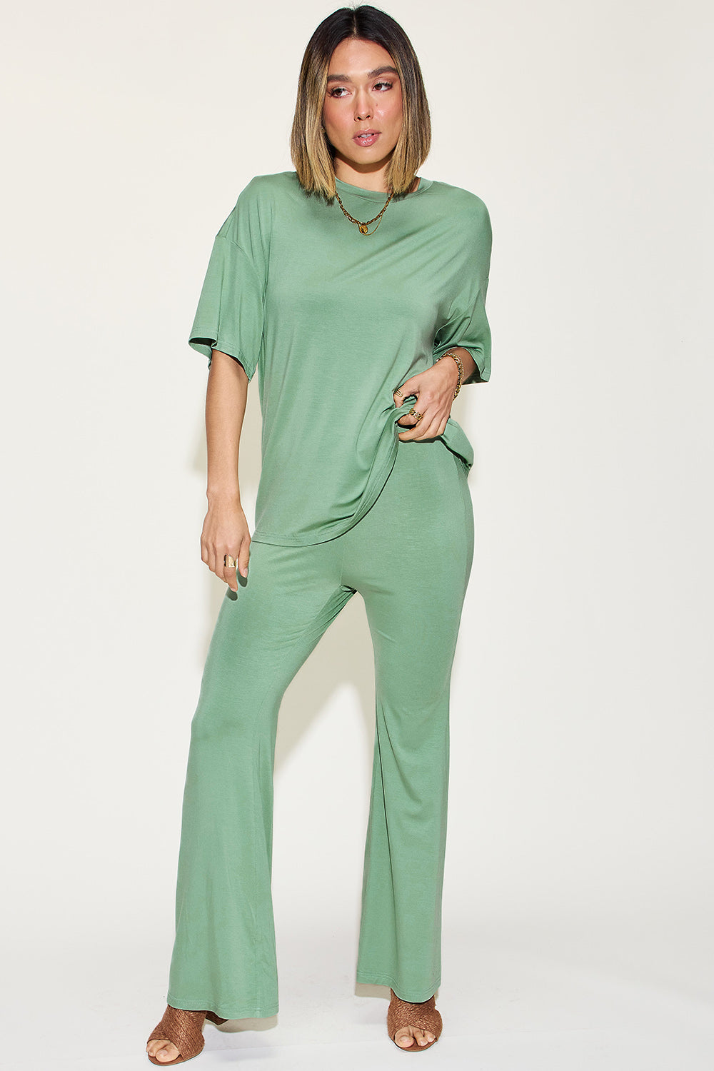 Basic Bae Bamboo Drop Shoulder T-Shirt and Flare Pants Set