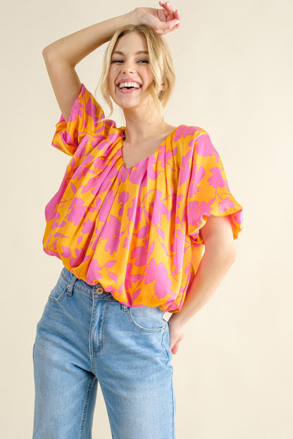 And The Why Printed Satin Bubble Hem Top