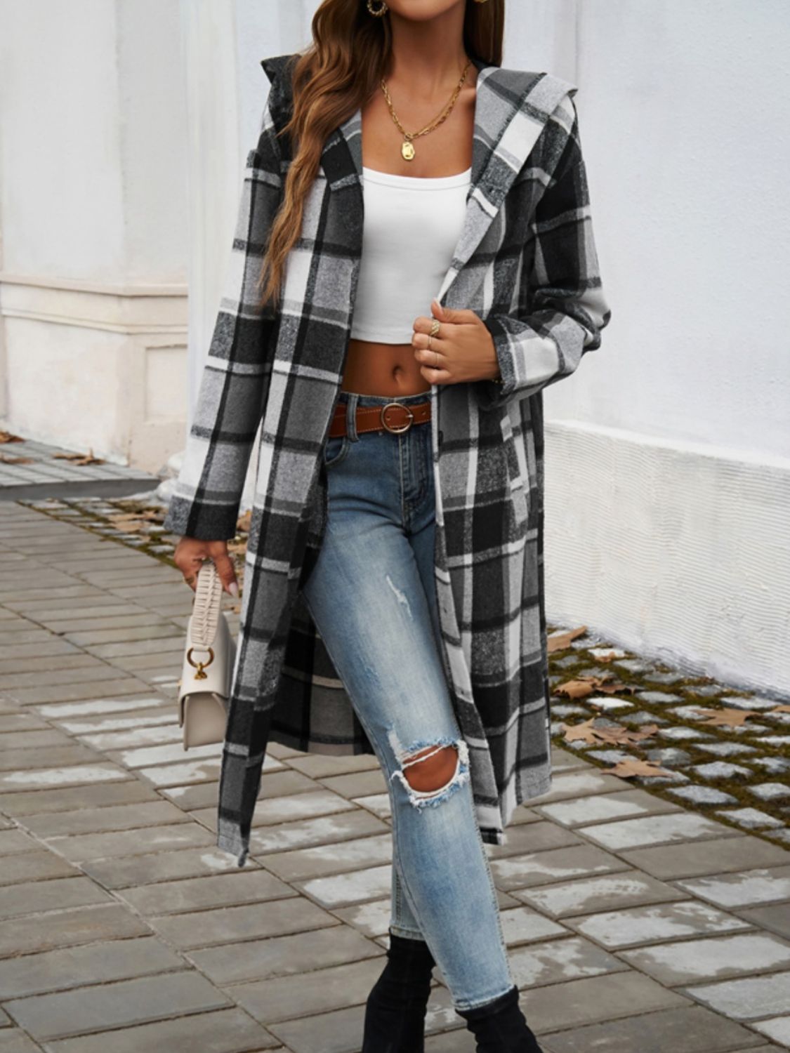 Never Too Late Plaid Long Sleeve Hooded Coat