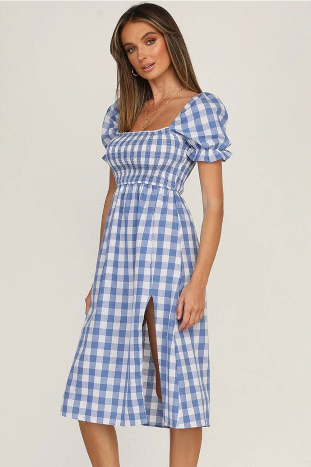 Slit Plaid Short Sleeve Midi Dress