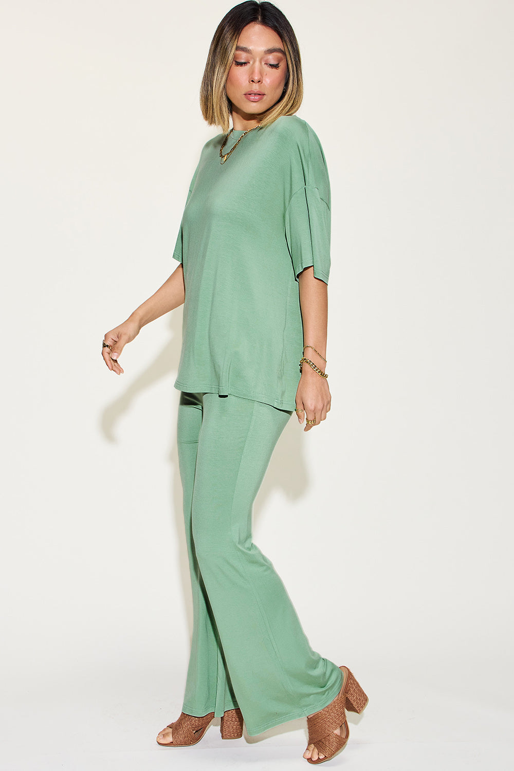 Basic Bae Bamboo Drop Shoulder T-Shirt and Flare Pants Set