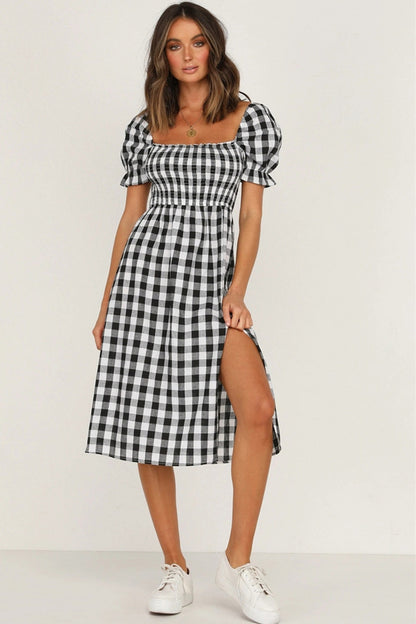 Slit Plaid Short Sleeve Midi Dress