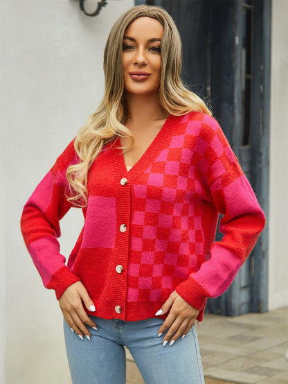 Fun Day Plaid V-Neck Dropped Shoulder Cardigan