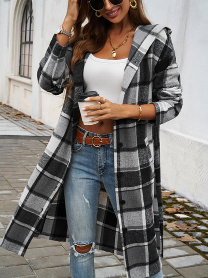 Never Too Late Plaid Long Sleeve Hooded Coat