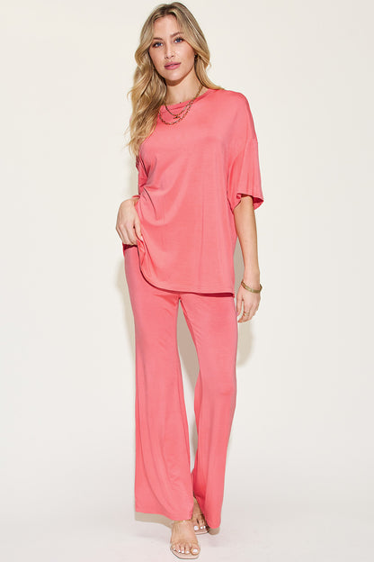 Basic Bae Bamboo Drop Shoulder T-Shirt and Flare Pants Set