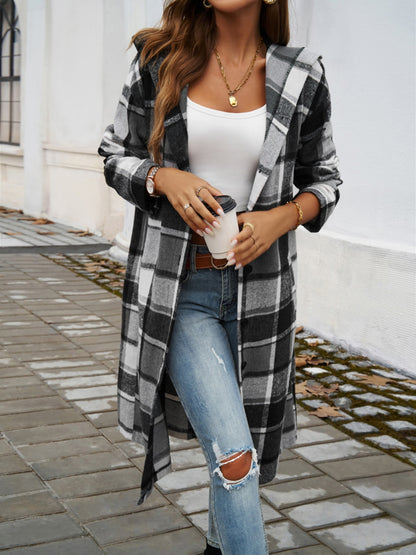 Never Too Late Plaid Long Sleeve Hooded Coat