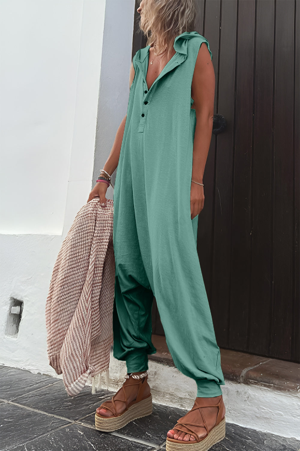 Half Button Sleeveless Jumpsuit