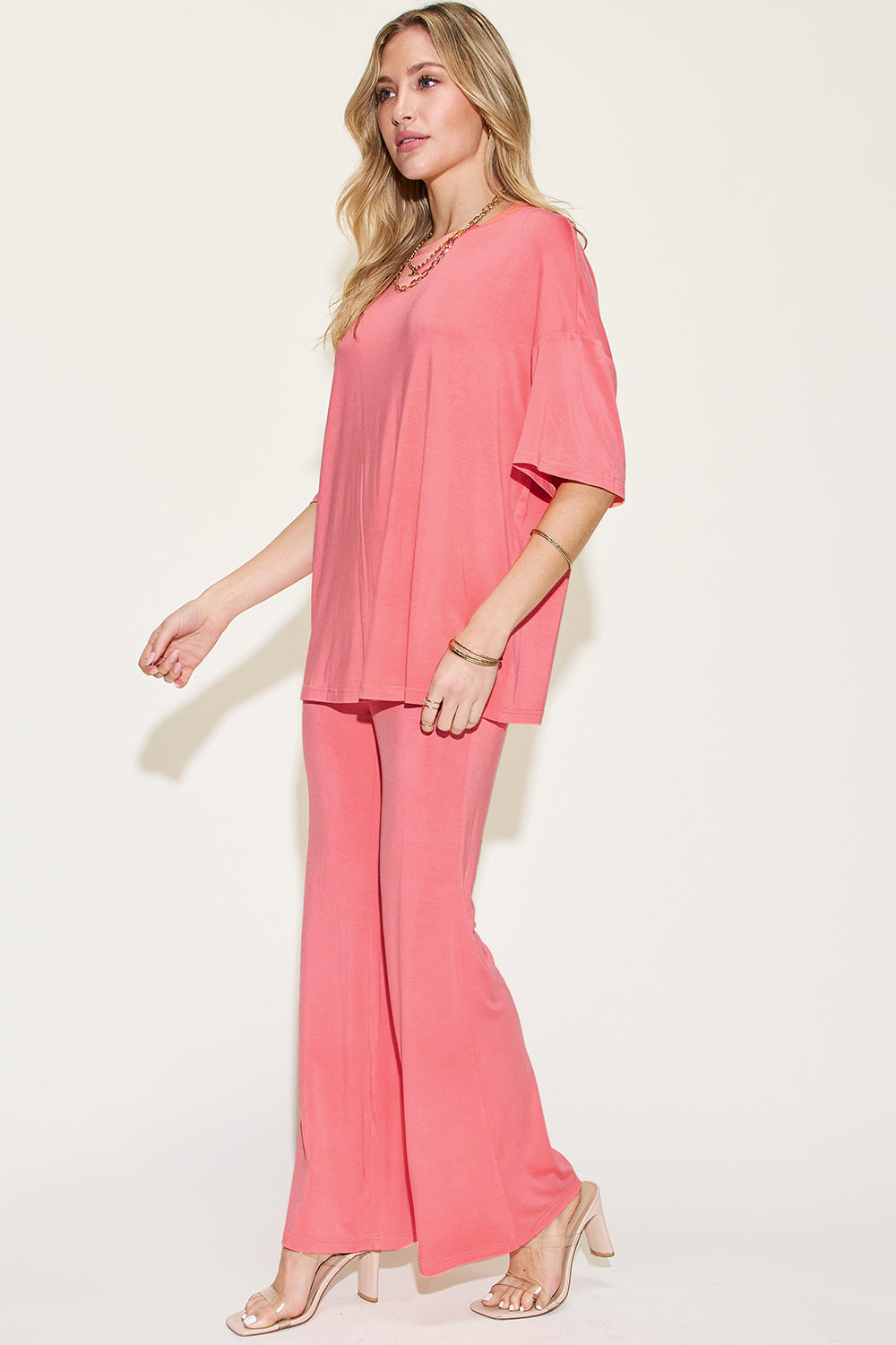 Basic Bae Bamboo Drop Shoulder T-Shirt and Flare Pants Set