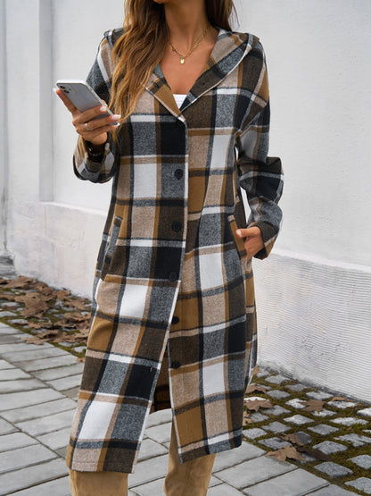 Never Too Late Plaid Long Sleeve Hooded Coat