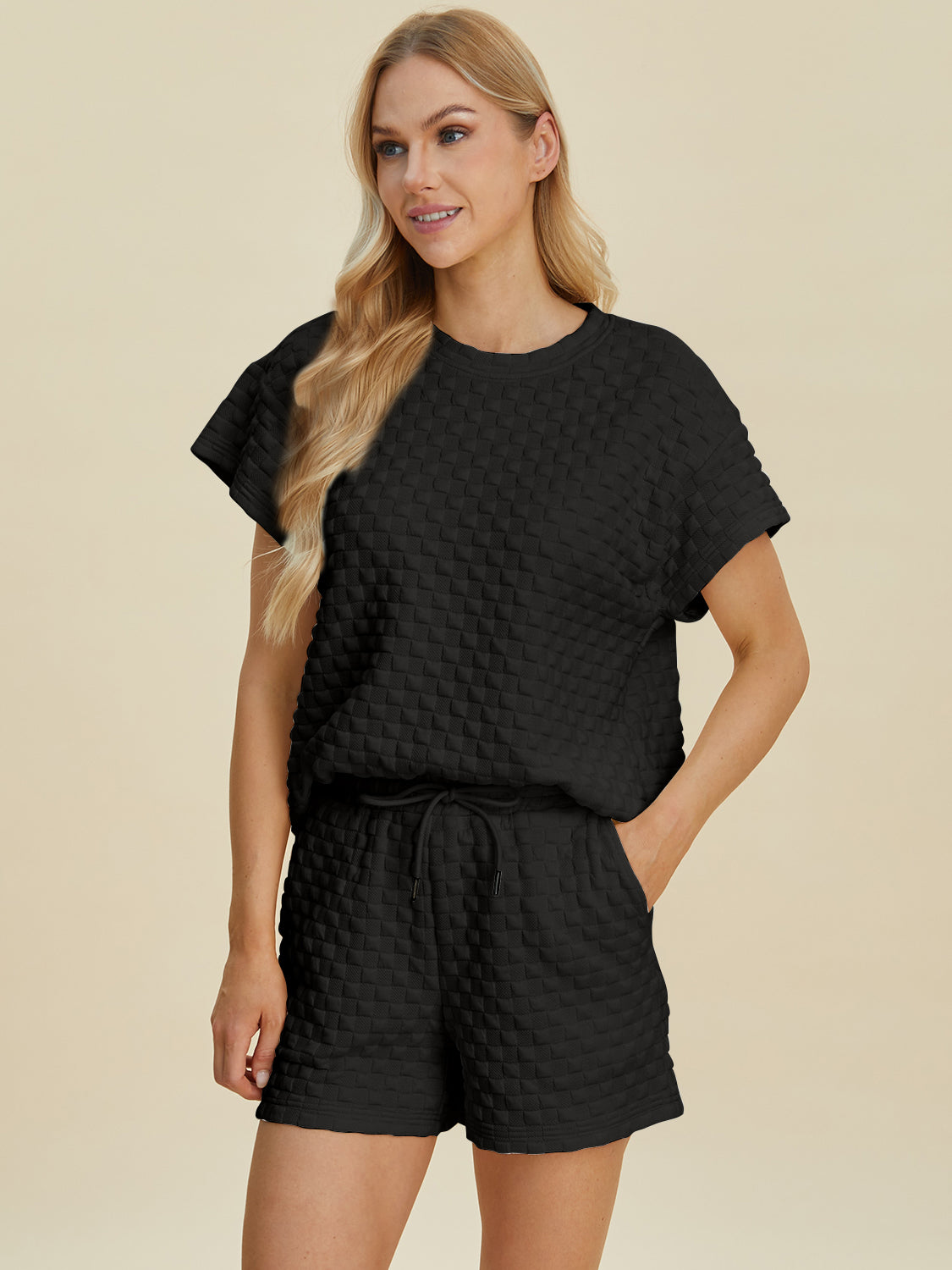 Double Take Texture T-Shirt and Shorts Set