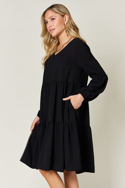 Double Take Full Size V-Neck Balloon Sleeve Tiered Dress