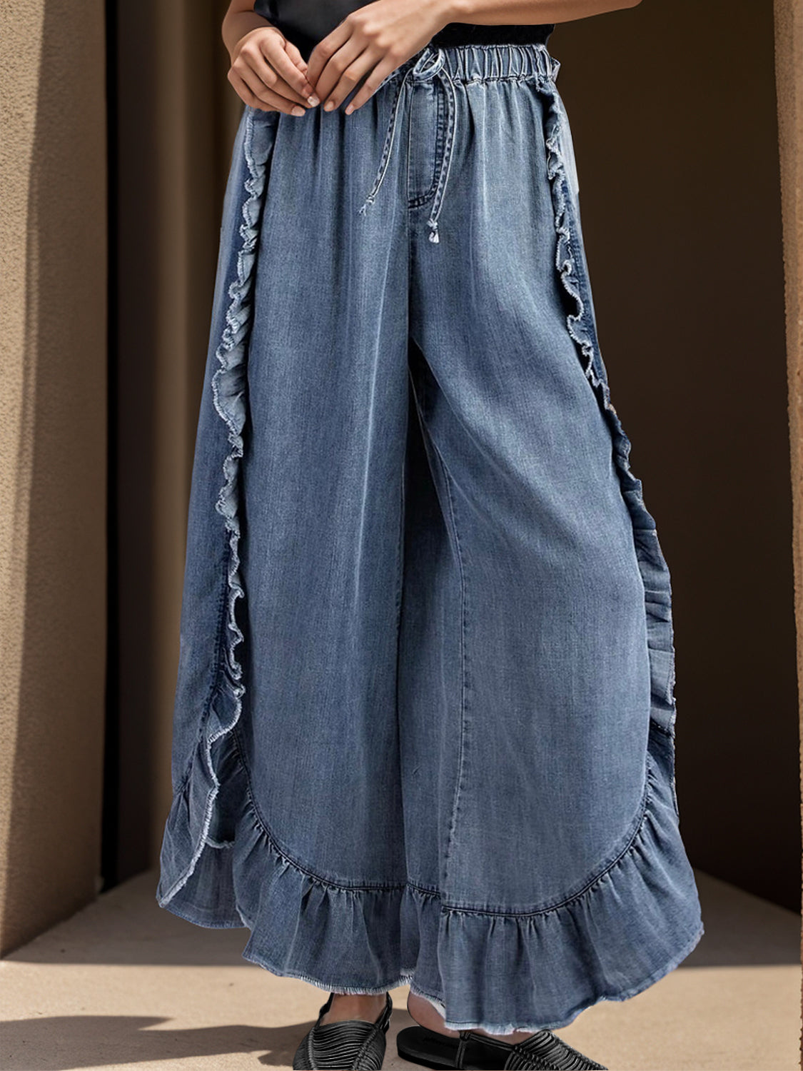 Drawstring Ruffled Wide Leg Jeans