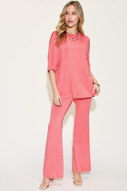 Basic Bae Bamboo Drop Shoulder T-Shirt and Flare Pants Set