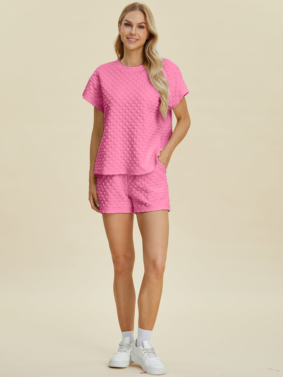 Double Take Texture T-Shirt and Shorts Set