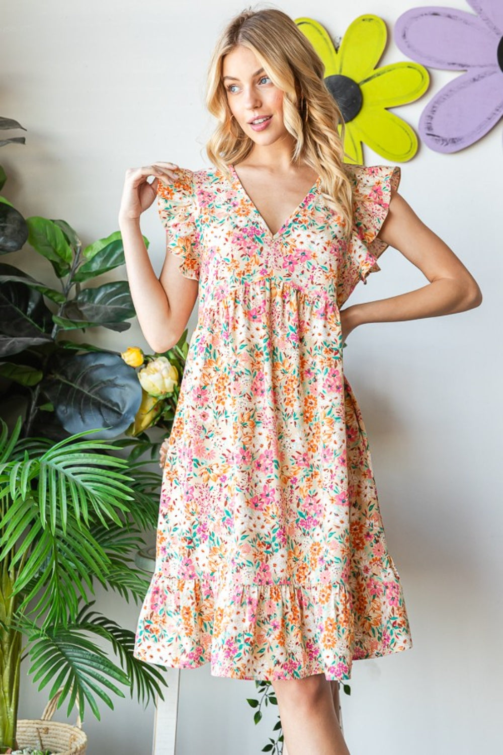 Heimish Floral Ruffled V-Neck Dress