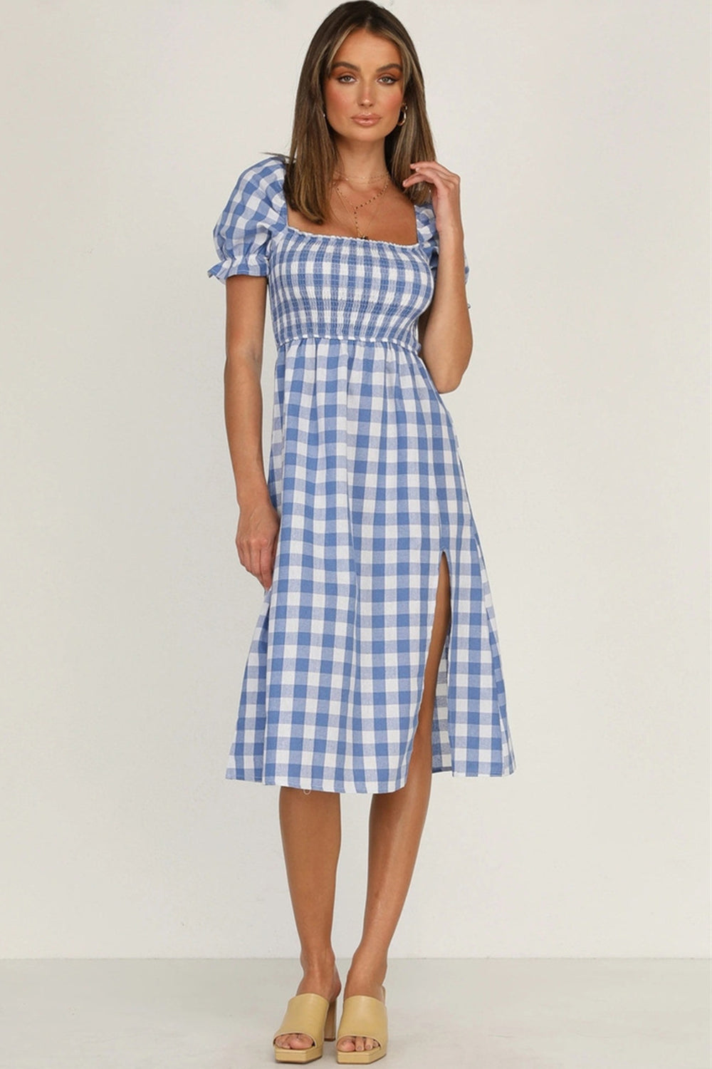 Slit Plaid Short Sleeve Midi Dress