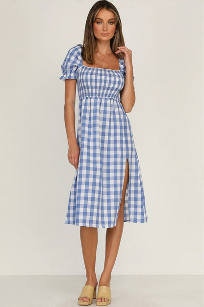 Slit Plaid Short Sleeve Midi Dress