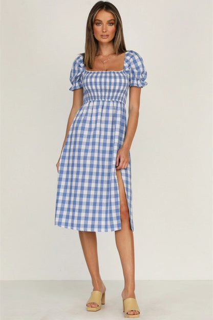 Slit Plaid Short Sleeve Midi Dress