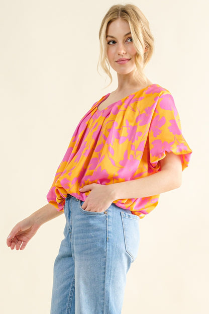 And The Why Printed Satin Bubble Hem Top