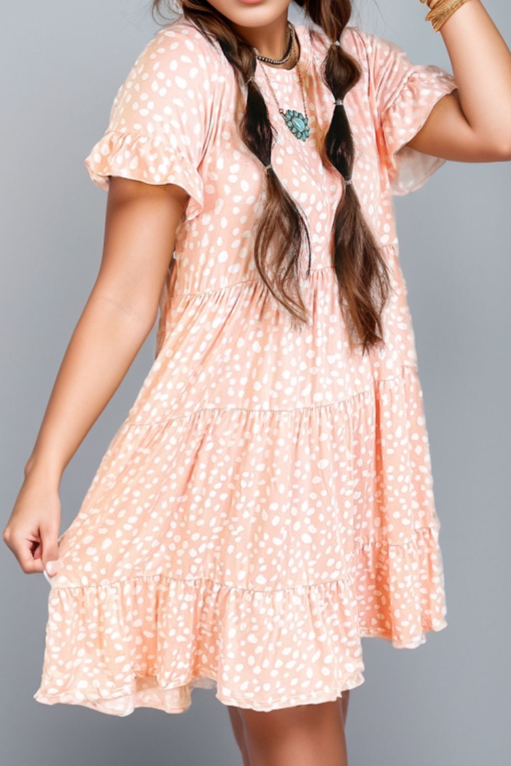 Printed Round Neck Flounce Sleeve Mini Dress