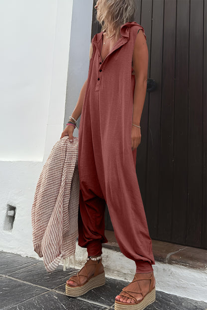 Half Button Sleeveless Jumpsuit