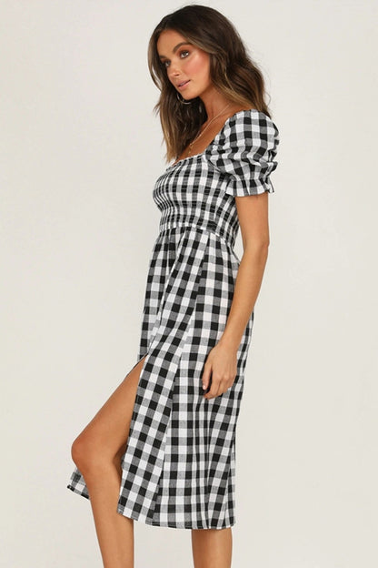 Slit Plaid Short Sleeve Midi Dress