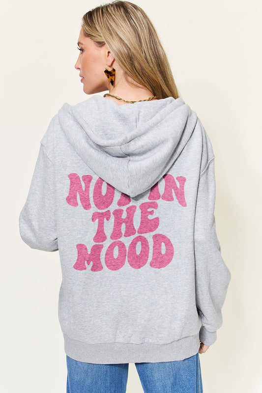 Simply Love Full Size NOT IN THE MOOD Graphic Zip-Up Hoodie with Pockets