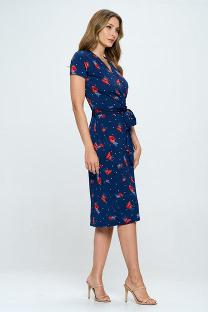 Floral Tie Front Surplice Short Sleeve Dress