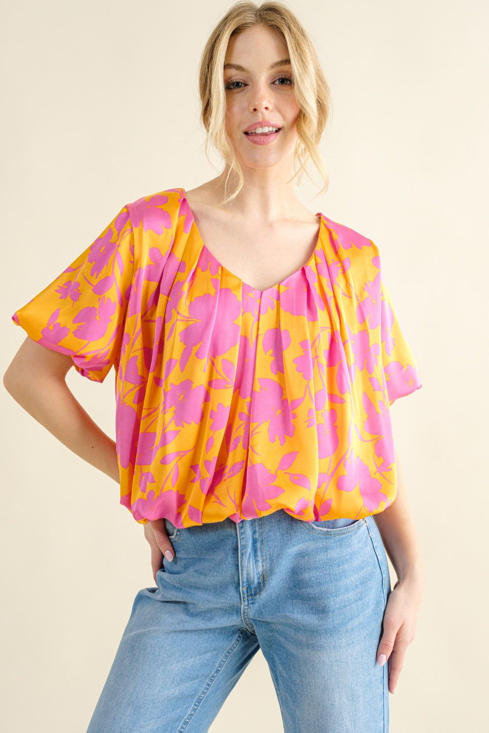 And The Why Printed Satin Bubble Hem Top