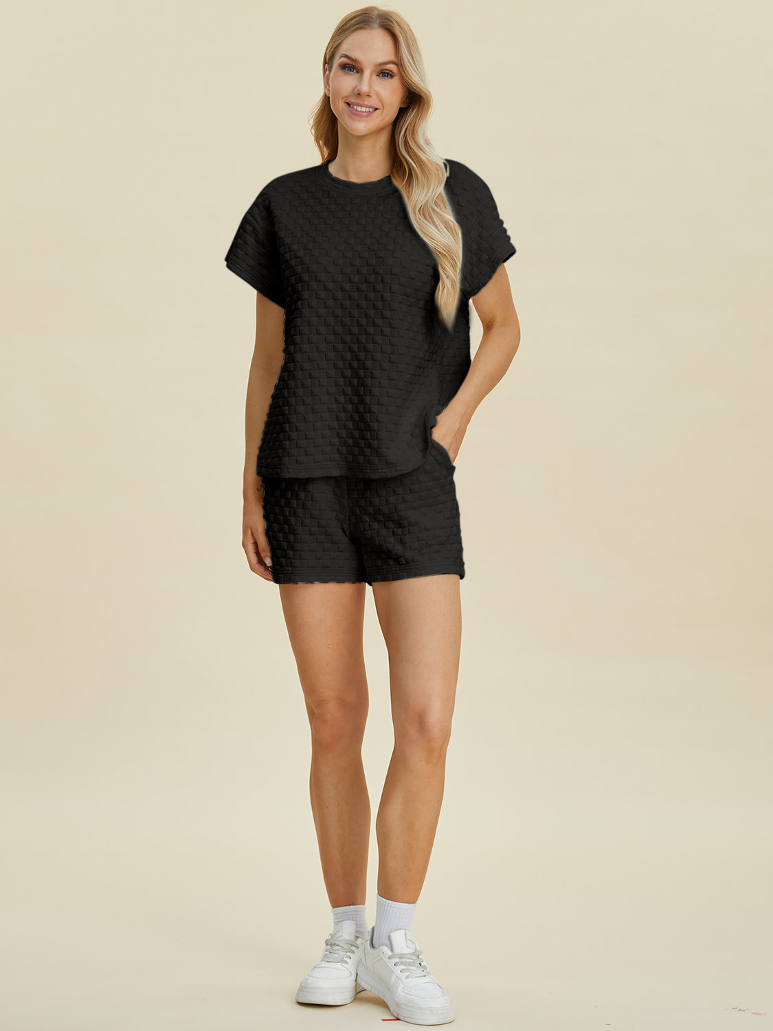 Double Take Texture T-Shirt and Shorts Set