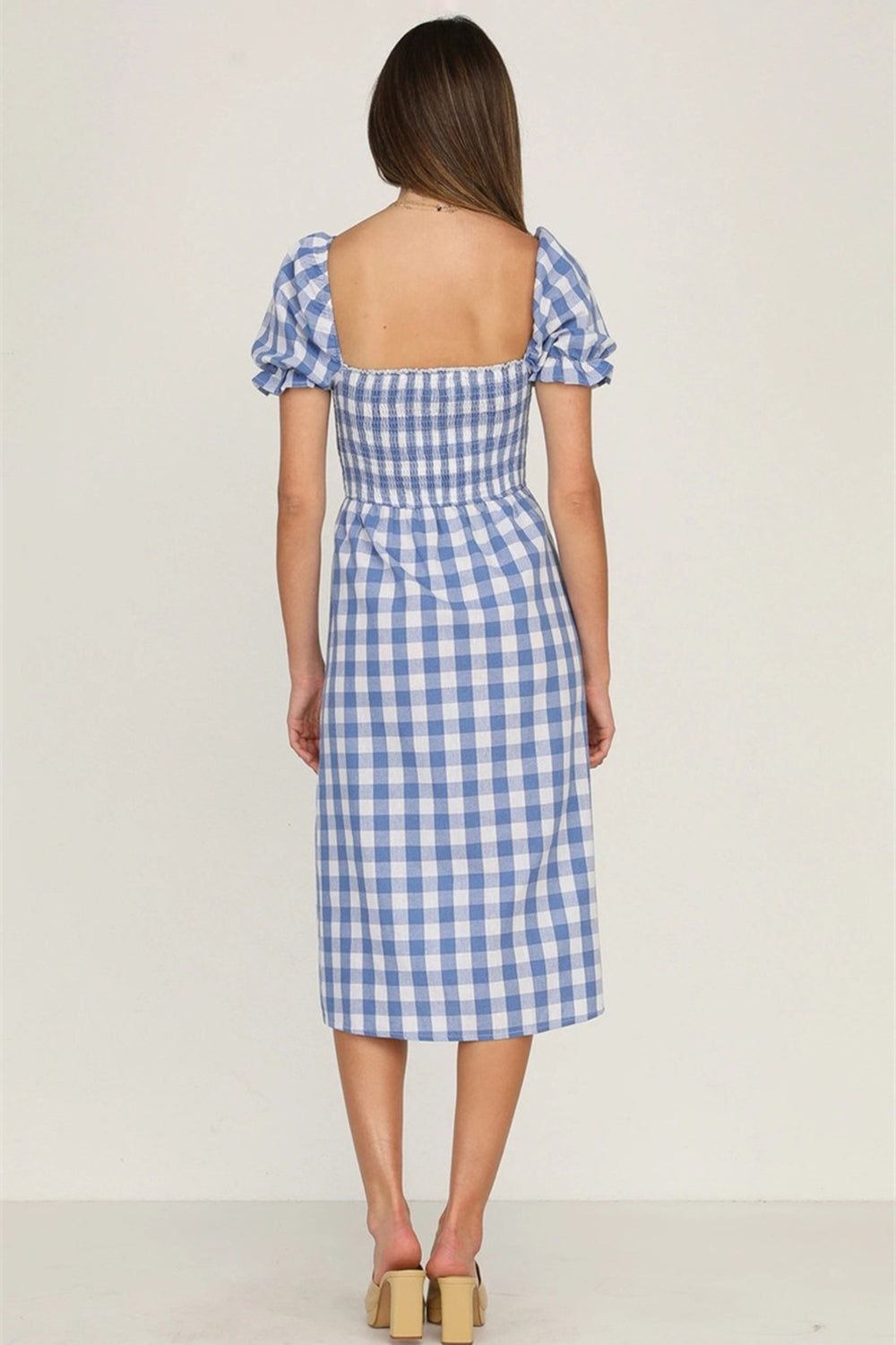 Slit Plaid Short Sleeve Midi Dress